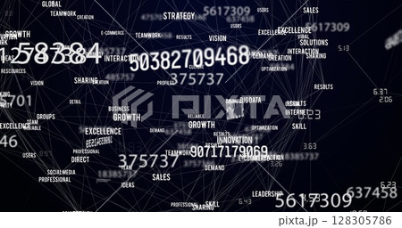 Image of network of connections with business texts on black background 128305786