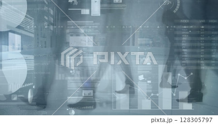 Image of financial data processing over business people walking in office Image of financial data processing over business people walking in office 128305797