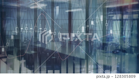 Image of financial data processing over business people walking in office Image of financial data processing over business people walking in office 128305809