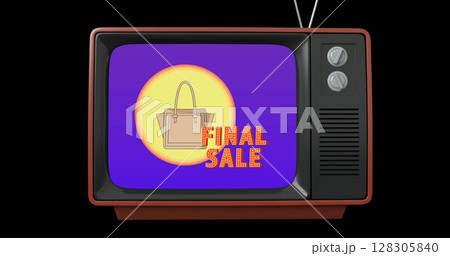 Image of sale text in tv on black background 128305840
