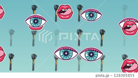 Image of powder brush and lips icons on blue background Image of powder brush and lips icons on blue background 128305855