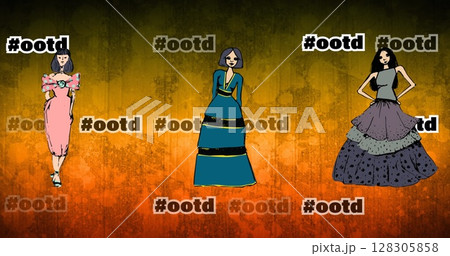 Image of fashion drawings of model on orange background 128305858