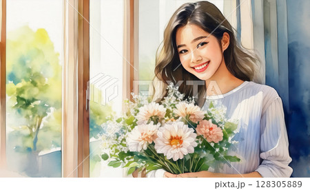 花束を持つ若い女性 128305889