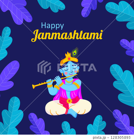 Colorful Janmashtami greeting card with Lord Krishna 128305893