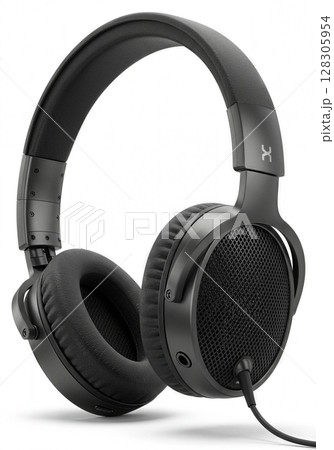 Professional Black Over Ear Wired Headphones with Noise Cancellation Technology on Minimalist White Background 128305954