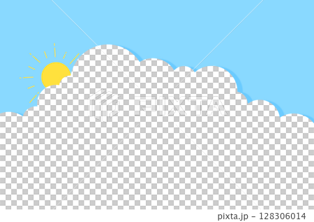 A rectangular frame with an illustration of clouds and the sun floating in a clear sky 128306014