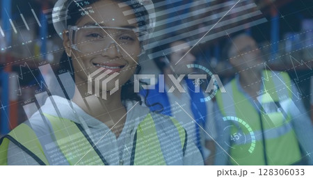 Image of statistics financial data processing over woman working in warehouse 128306033