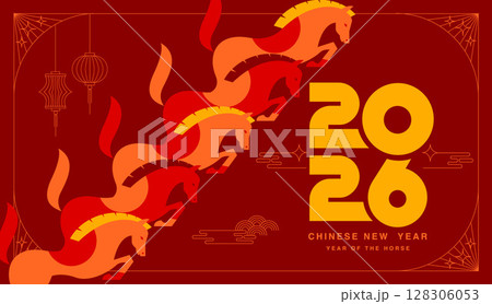Chinese New Year 2026 ,Year of the Horse ,line art , outline , simple linear , geometric shape 128306053