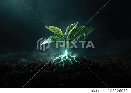 green plant with roots and lightning emerging from the ground 128306075