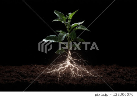 green plant with roots and lightning emerging from the ground 128306076