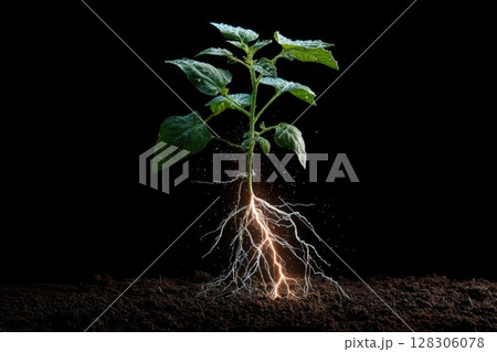 green plant with roots and lightning emerging from the ground 128306078