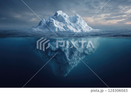 A large iceberg floating in the ocean with half above and below water 128306083