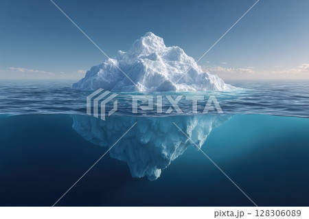 A large iceberg floating in the ocean with half above and below water 128306089