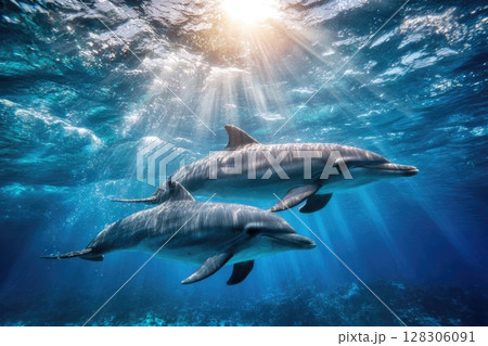 two dolphins swimming in the ocean 128306091
