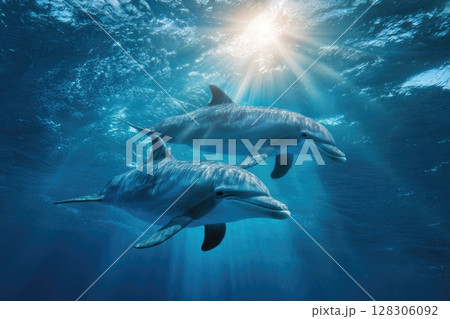 two dolphins swimming in the ocean two dolphins swimming in the ocean 128306092