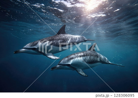 two dolphins swimming in the ocean 128306095