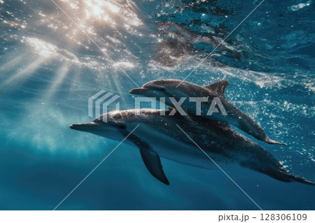 two dolphins swimming in the ocean 128306109