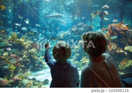 Children at an aquarium looking into the large glass tank with fish and sea creatures Children at an aquarium looking into the large glass tank with fish and sea creatures 128306118
