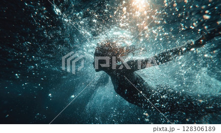 woman swimming underwater in the ocean woman swimming underwater in the ocean 128306189