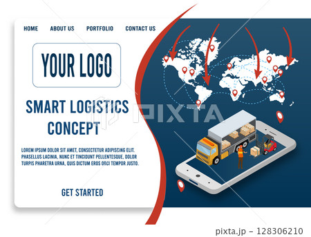 Global logistics solutions landing page concept with Smart Logistics, Business logistics, Warehouse Logistic, Online delivery, Export and Import. Global logistics solutions landing page concept with Smart Logistics, Business logistics, Warehouse Logistic, Online delivery, Export and Import. 128306210