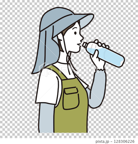 熱中症対策でペットボトルの水を飲む農作業の女性　シンプルなイラスト 128306226