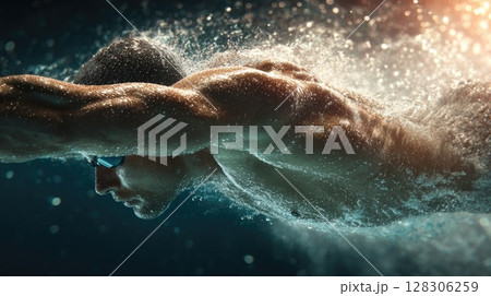 Professional male swimmer diving into the pool 128306259