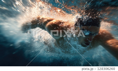Professional male swimmer diving into the pool 128306260