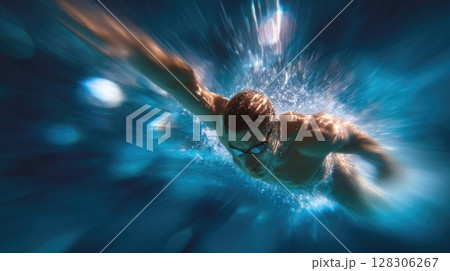 Professional male swimmer diving into the pool 128306267