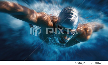 Professional male swimmer diving into the pool 128306268