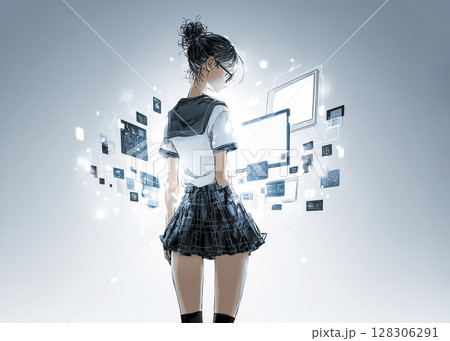未来教育　ホログラムを操る女子高校生のイラスト素材 128306291