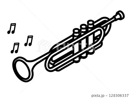 Linear icon, isometric brass trumpet wind instrument for playing in concerts and solo. Simple black and white top view vector isolated on white background 128306337