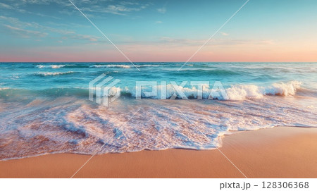 Beautiful beach sunset with a calm sea and sky 128306368