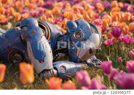 Robot lying in the grass, surrounded by orange, pink, and purple flowers 128306377