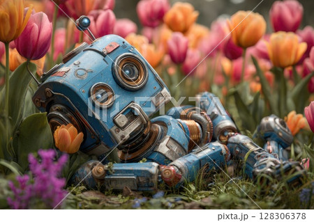 Robot lying in the grass, surrounded by orange, pink, and purple flowers 128306378