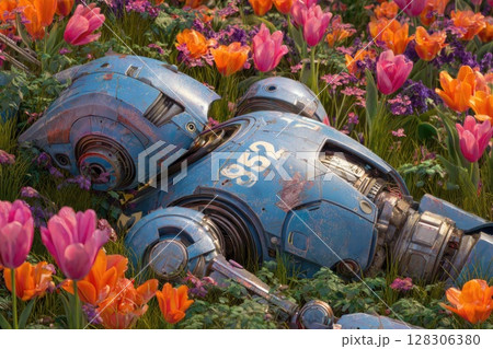 Robot lying in the grass, surrounded by orange, pink, and purple flowers 128306380
