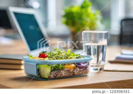 Variety of Healthy Food in Transparent Container on Office Desk with Laptop 128306381