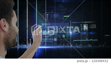 Using futuristic digital tablet, man interacting with virtual interface, exploring technology 128306432