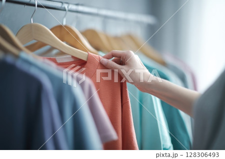 A woman hand is picking up t shirts from the rack A woman hand is picking up t shirts from the rack 128306493