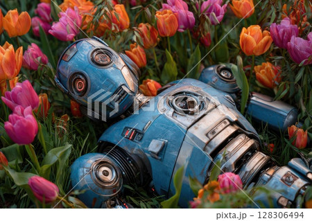 Robot lying in the grass, surrounded by orange, pink, and purple flowers 128306494