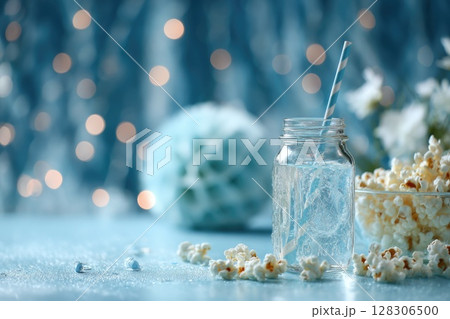 Blue and white themed party with popcorn, blue soda in a glass jar with a straw 128306500
