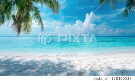 Beautiful summer background with sand and blue sky. Blurred beach scene with copy space 128306537