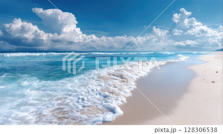 Beautiful summer background with sand and blue sky. Blurred beach scene with copy space 128306538