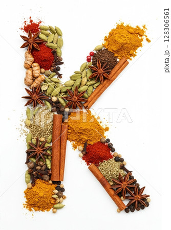 Culinary Typography Gourmet Spice Alphabet Collection for Food Enthusiasts the character K 128306561