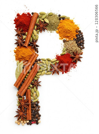 Culinary Typography Gourmet Spice Alphabet Collection for Food Enthusiasts the character P 128306566