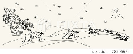Camel caravan travels. Vector drawing Camel caravan travels. Vector drawing 128306672