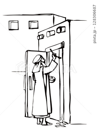 Vector drawing. The family fulfills God's command. Anoints the doorposts with the blood of the lamb 128306687