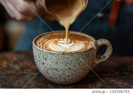 Latte Art Pouring Into Speckled Mug 128306783