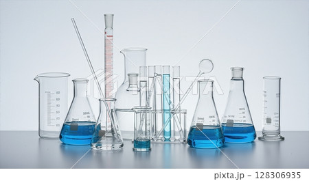 Laboratory Glassware Collection with Colorful Chemicals for Scientific Research and Chemical Analysis 128306935