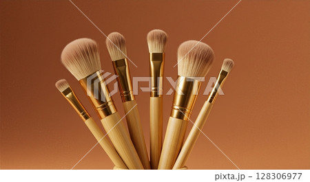 Professional Luxury Golden Bamboo Makeup Brush Set with Synthetic Bristles Against Warm Orange 128306977