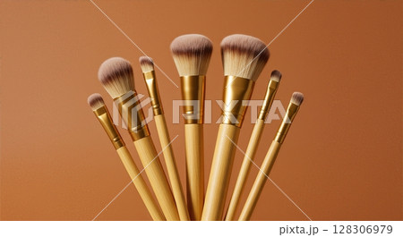 Professional Luxury Golden Bamboo Makeup Brush Set with Synthetic Bristles Against Warm Orange 128306979